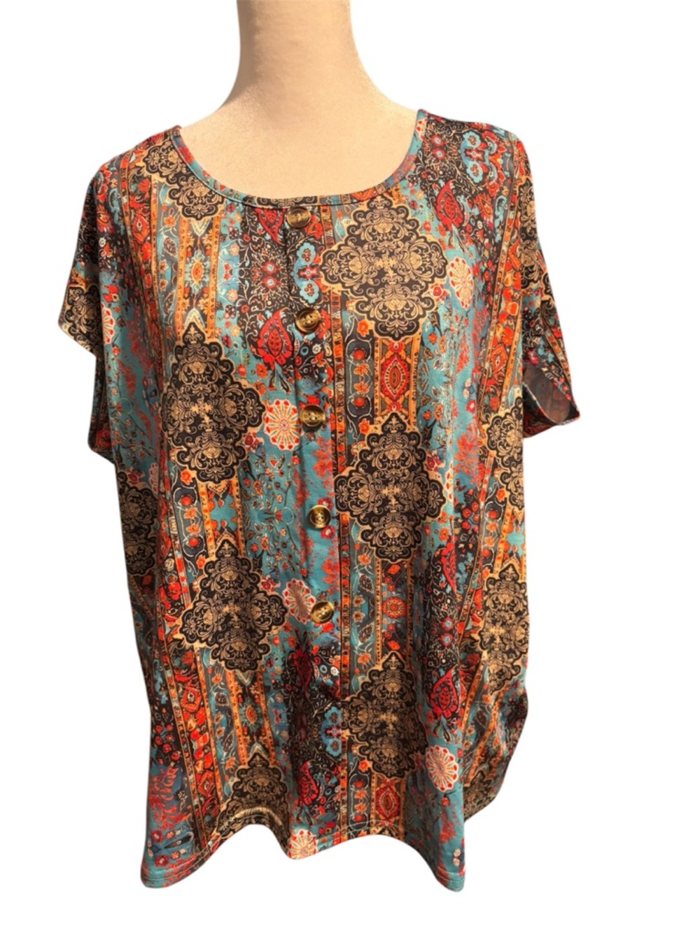Button-Front Paisley Print Short Sleeve Blouse - Turquoise Multi